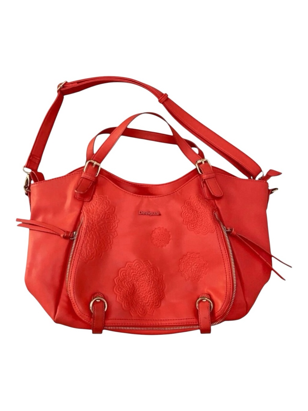 Desigual tangerine Embossed Floral Shoulder Bag With Adjustable Strap & Inn
